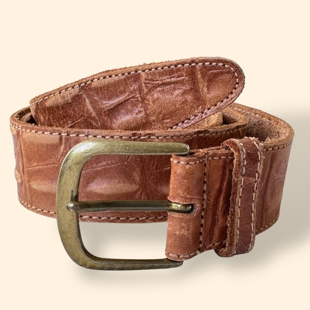 John Henry Woman’s Natural Harness‎ Leather Belt Aligator Embossed Print Size 34